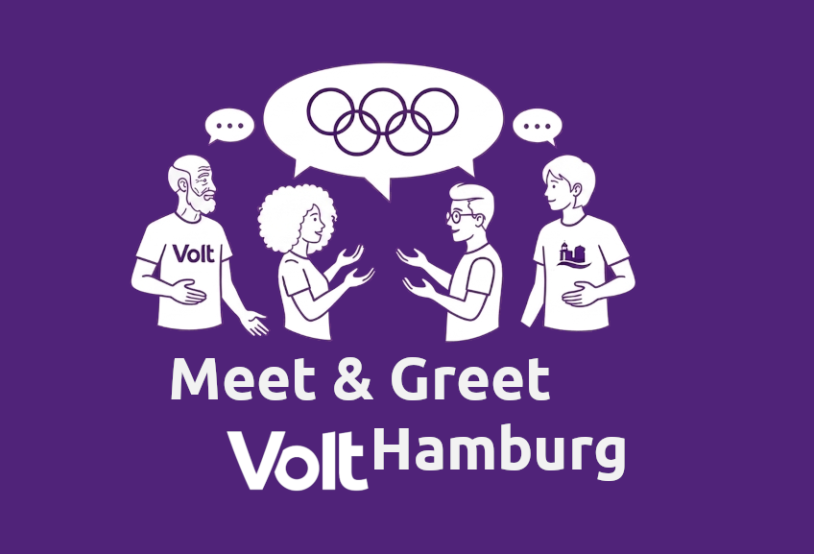 Auf Volt-violettem Hintergrund diskutieren vier verschiedene Personen mit offenen Händen. In der Sprechblase sieht man die fünf Olympiaringe. Der darunter Schriftzug sagt: Meet & Greet Volt Hamburg