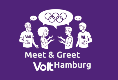 Auf Volt-violettem Hintergrund diskutieren vier verschiedene Personen mit offenen Händen. In der Sprechblase sieht man die fünf Olympiaringe. Der darunter Schriftzug sagt: Meet & Greet Volt Hamburg
