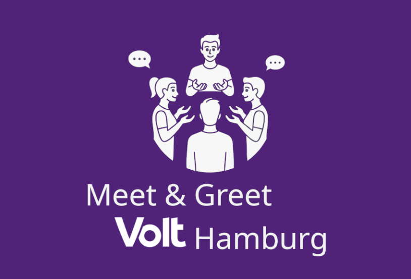 Vier Personen diskutieren freundlich miteinander. Darunter der Schriftzug: Meet and Greet Volt Hamburg