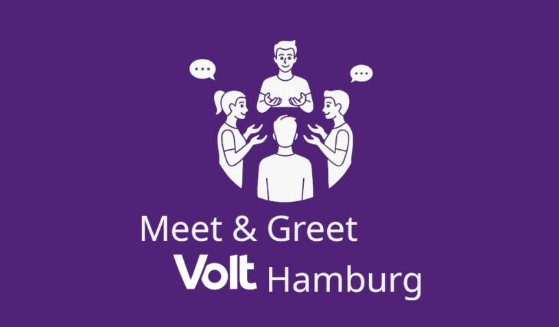 Vier Personen diskutieren freundlich miteinander. Darunter der Schriftzug: Meet and Greet Volt Hamburg