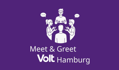 Vier Personen diskutieren freundlich miteinander. Darunter der Schriftzug: Meet and Greet Volt Hamburg