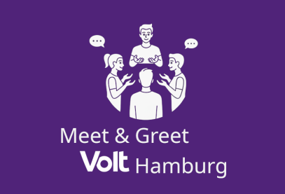 Vier Personen diskutieren freundlich miteinander. Darunter der Schriftzug: Meet and Greet Volt Hamburg