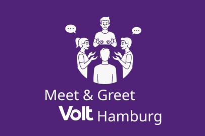 Vier Personen diskutieren freundlich miteinander. Darunter der Schriftzug: Meet and Greet Volt Hamburg