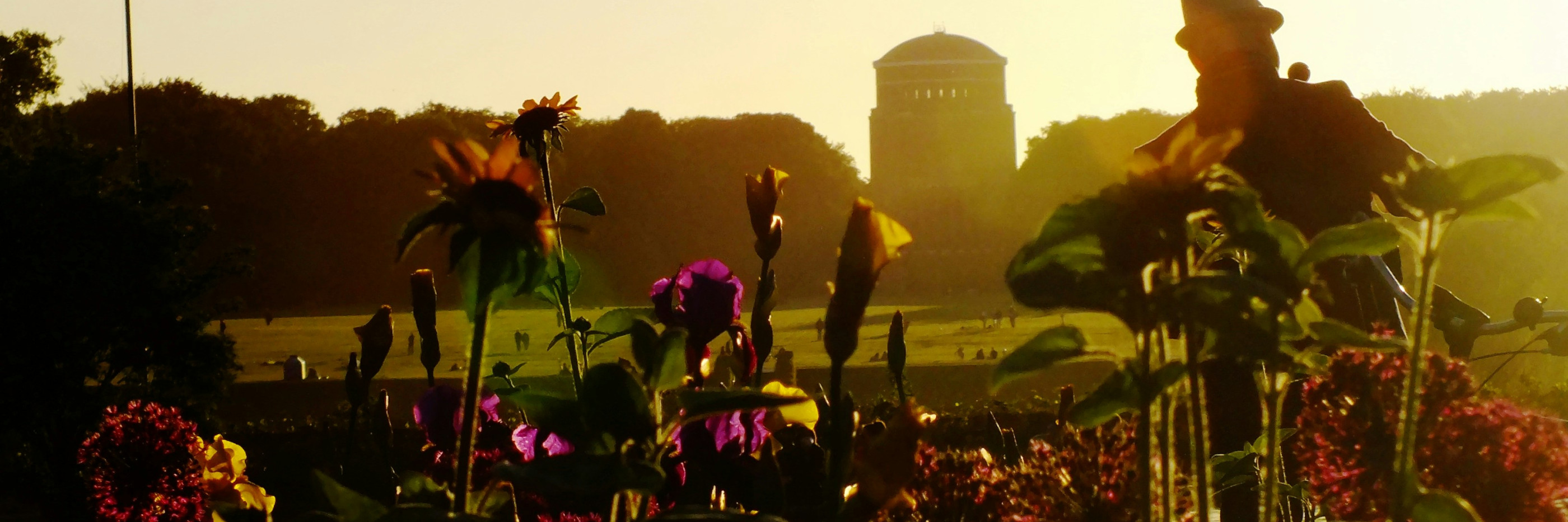 Viele Blumen im Vordergrund durch die ein Gewässer hindurchschimmert, eine Wiese hinter dem Gewässer und ein Gebäude mit Kuppel ist rechts und links von Bäumen umgeben - das Planetarium.