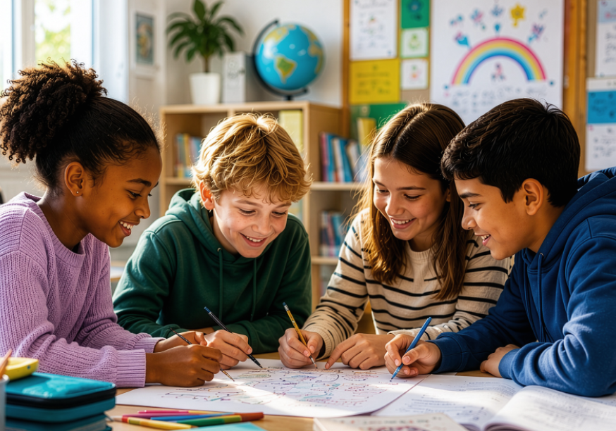 Vier Kinder sitzen gemeinsam und schreiben gleichzeitig mit verschiedenen Farben auf demselben Blatt Papier. Eine Federmappe im Vordergrund, ein Globus und eine Pinnwand mit einem gemalten Regenbogen,  sowie Blättern mit verschiedenen Erklärungen geben den Anschein von einem Klassenzimmer.