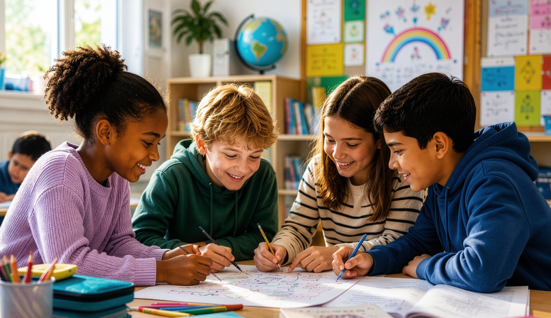 Vier Kinder sitzen gemeinsam und schreiben gleichzeitig mit verschiedenen Farben auf demselben Blatt Papier. Eine Federmappe im Vordergrund, ein Globus und eine Pinnwand mit einem gemalten Regenbogen,  sowie Blättern mit verschiedenen Erklärungen geben den Anschein von einem Klassenzimmer.