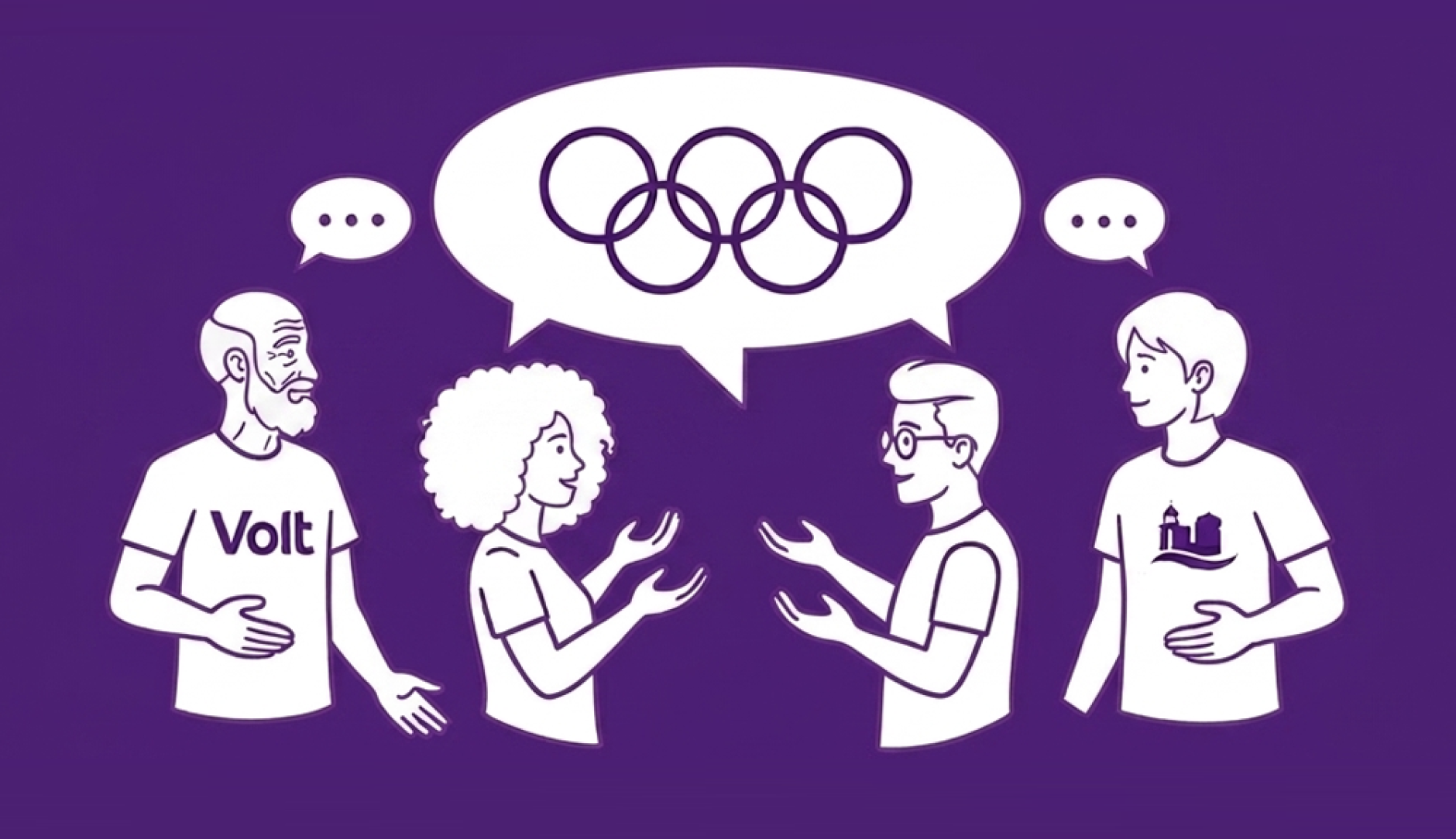 Vier Personen, eine mit Hamburg-Shirt, eine mit Volt-Shirt, diskutieren mit offenen Händen. In der Sprechblase in der Mitte sehen wir die fünf olympischen Ringe.