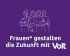 vier Frauen stehen selbstbewusst zusammen. Darunter der Schriftzug: Frauen* gestalten die Zukunft - Mit Volt