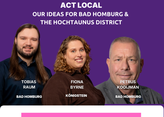 Volt meet and greet with Tobias Raum, Fiona Byrne, Petrus Kooijman on March 5, 2026, 6:30 PM in Bad Homburg