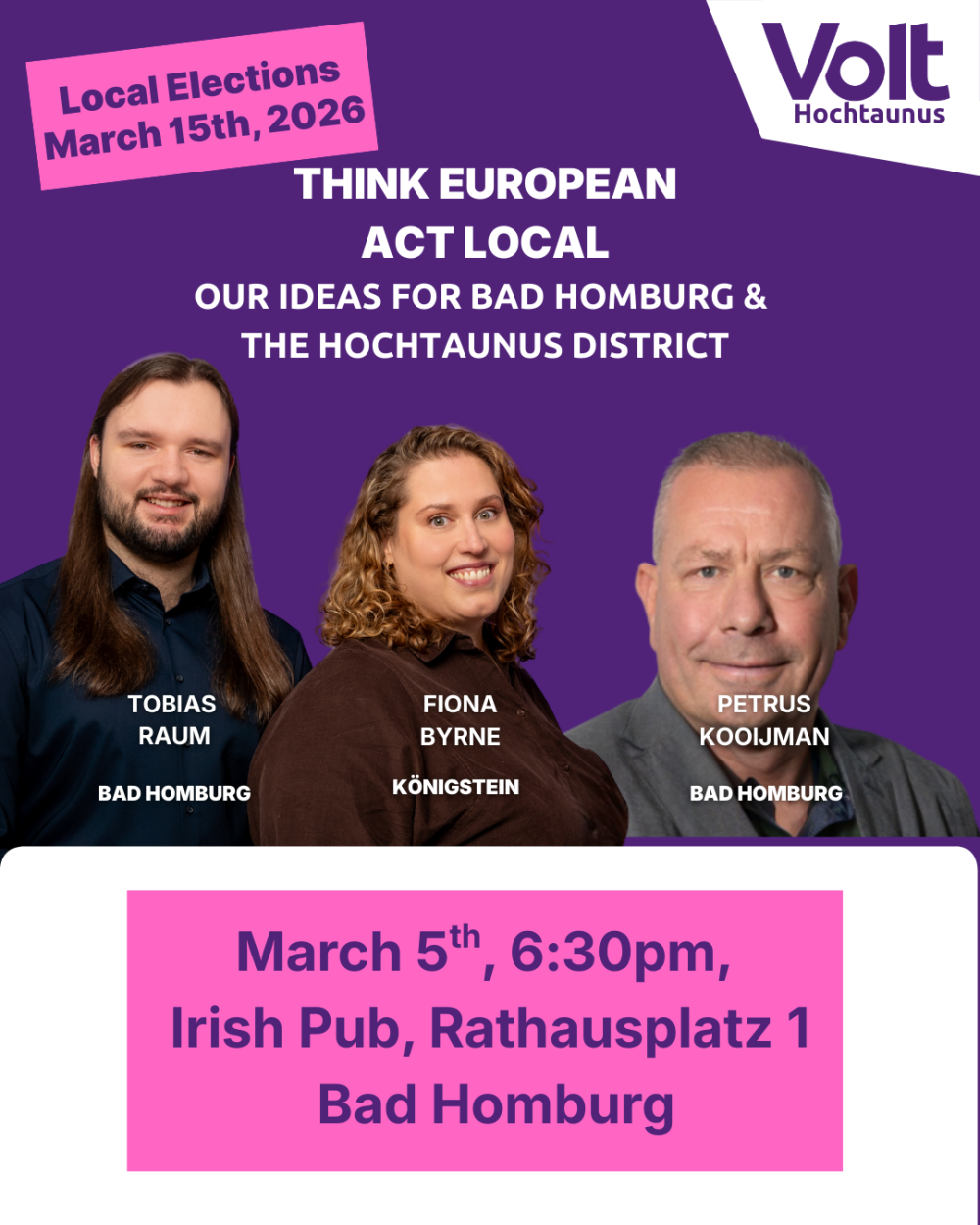 Volt meet and greet with Tobias Raum, Fiona Byrne, Petrus Kooijman on March 5, 2026, 6:30 PM in Bad Homburg