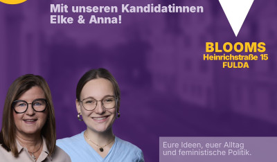 Einladung zum Frauen*-Café von Volt Osthessen in Fulda mit den Kandidatinnen Elke und Anna in Blooms.
