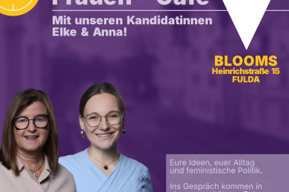 Einladung zum Frauen*-Café von Volt Osthessen in Fulda mit den Kandidatinnen Elke und Anna in Blooms.