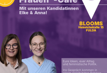 Einladung zum Frauen*-Café von Volt Osthessen in Fulda mit den Kandidatinnen Elke und Anna in Blooms.