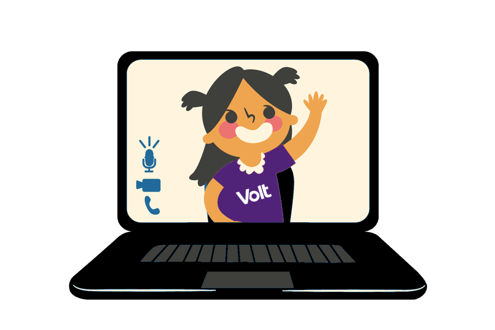 Zeichnung eines Notebooks mit laufender Video-Konferenz im Comic-Stil. Eine junge Frau mit Volt-Shirt winkt lächelnd vom Bildschirm.