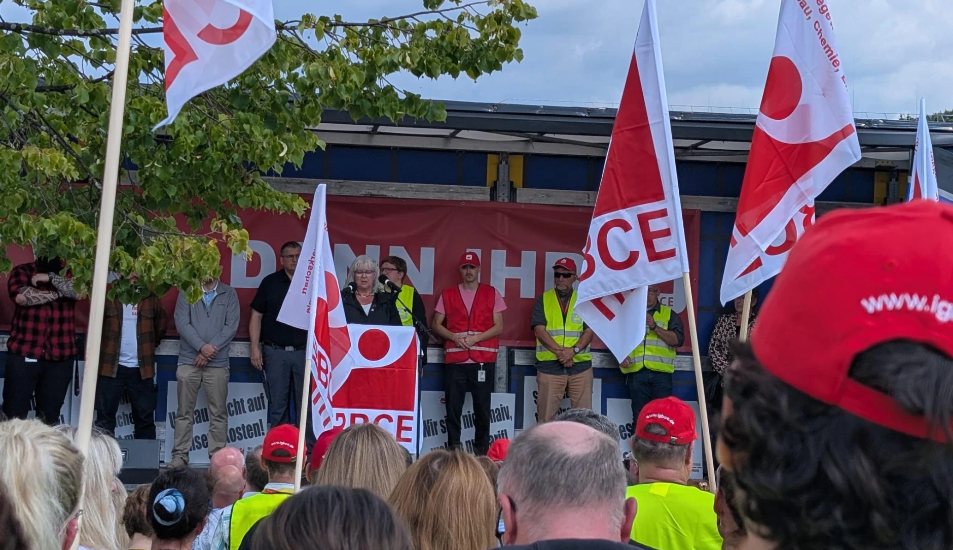 Eine Frau spricht auf einer Bühne hinter einem Rednerpult. Hinter ihr stehen weitere Personen. Im Vordergrund sind Menschen mit Flaggen zu sehen, die der Vortragenden zuhören.