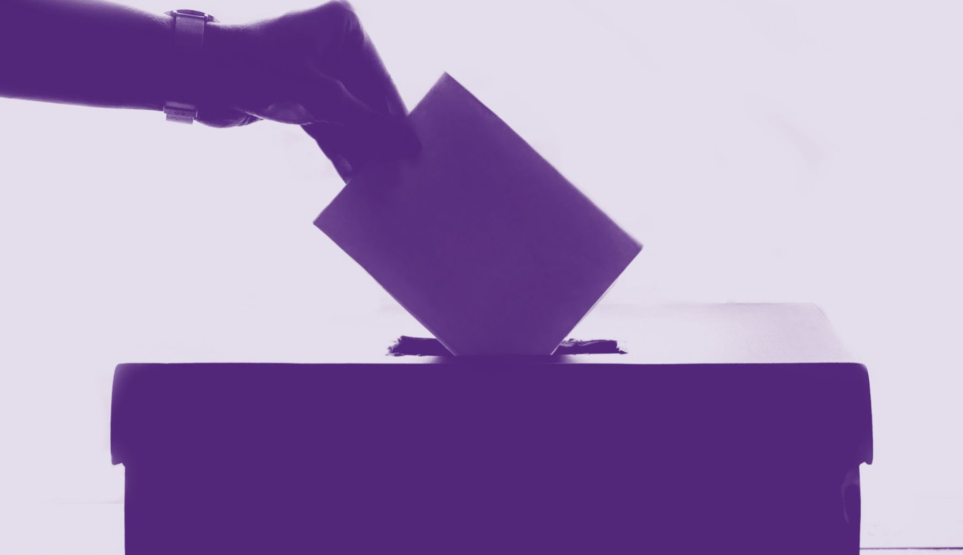 Wahlurne mit Hand darüber, die einen Wahlzettel einwirft. Alles ist lila.