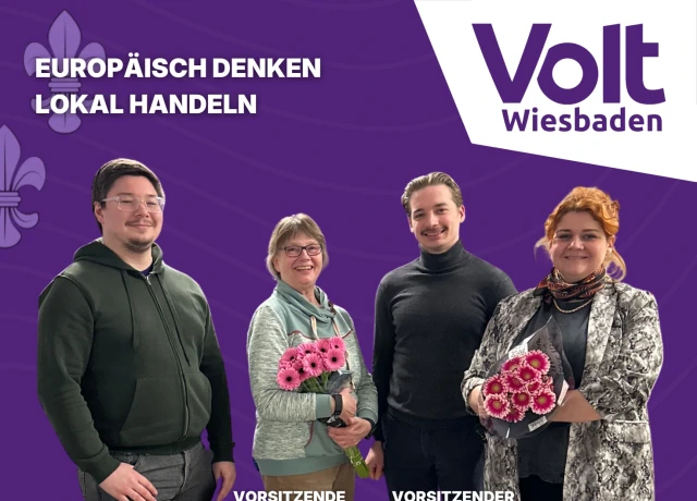 Das neue Führungsteam von Volt Wiesbaden - Patrick Raszka, Jasmine Leskien, Edwin Meier, Moira Lüttich
