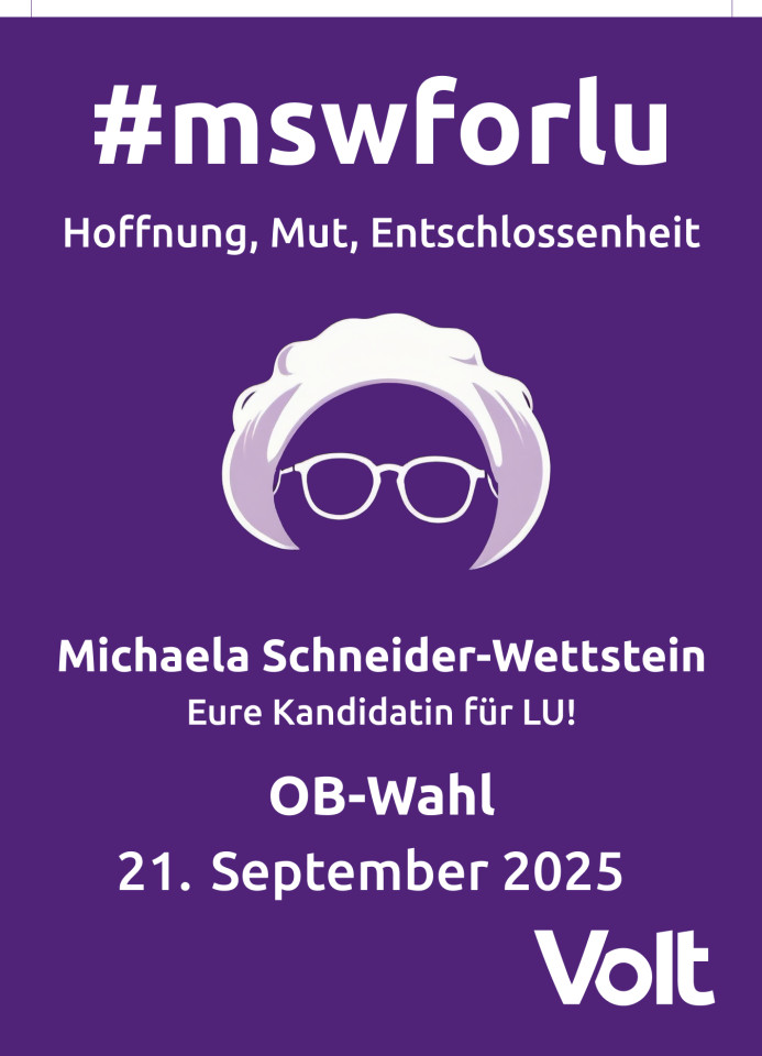 Das Bild zeigt das Logo von Michaela zur OB-Wahl, den Hashtag #mswforlu und das Datum der Wahl.