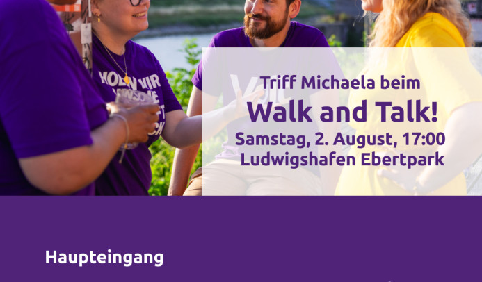 Auf dem Bild sieht man das Team MaLu, wie sie miteinander reden und diskutieren. Weiterhin sieht man die Einladung zum Walk and Talk im Ebertpart am 2. August ab 17 Uhr mit anschließendem Mitbring-Picknick ab 18 Uhr.