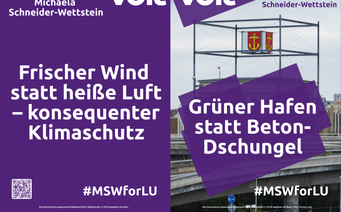 Auf dem Foto sieht man das Wahlplakat mit Slogans wie im Fließtext. Auf der Seite mit dem Grünen Hafen sieht man den Würfelbunker.