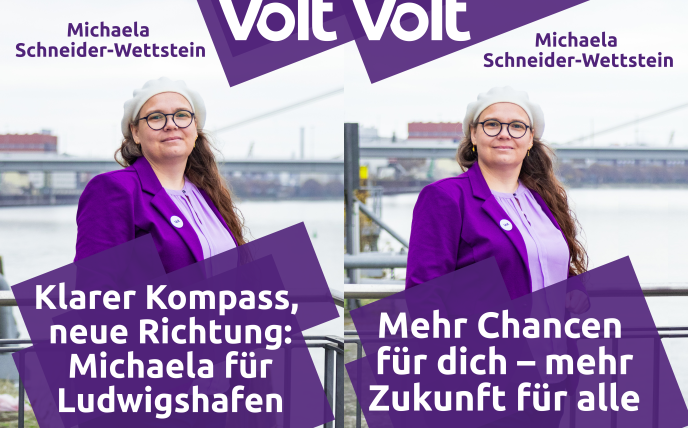 Plakat mit den Slogans wie im Fließtext. Auf beiden Seiten ist ein Foto von Michaela zu sehen.
