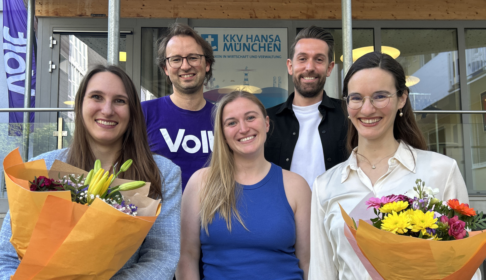 Vorstand Volt München. Von links nach rechts: Franziska Saile, Paul Grünke, Alexandra Lang, Yannick Schön und Katharina Brinck.