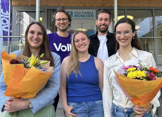 Vorstand Volt München. Von links nach rechts: Franziska Saile, Paul Grünke, Alexandra Lang, Yannick Schön und Katharina Brinck.