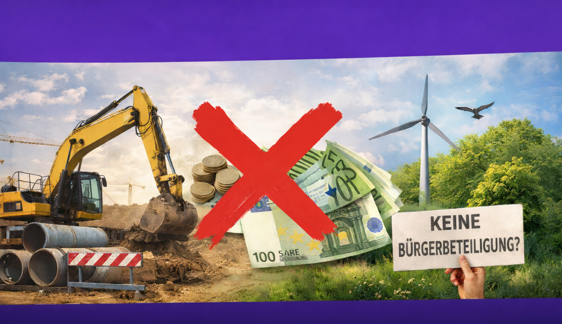 Symbolbild für die im Text genannten Argumente. Zeigt einen Bagger, durchgestrichenes Geld, Natur und ein Schild auf dem keine Bürgerbeteiligung steht.