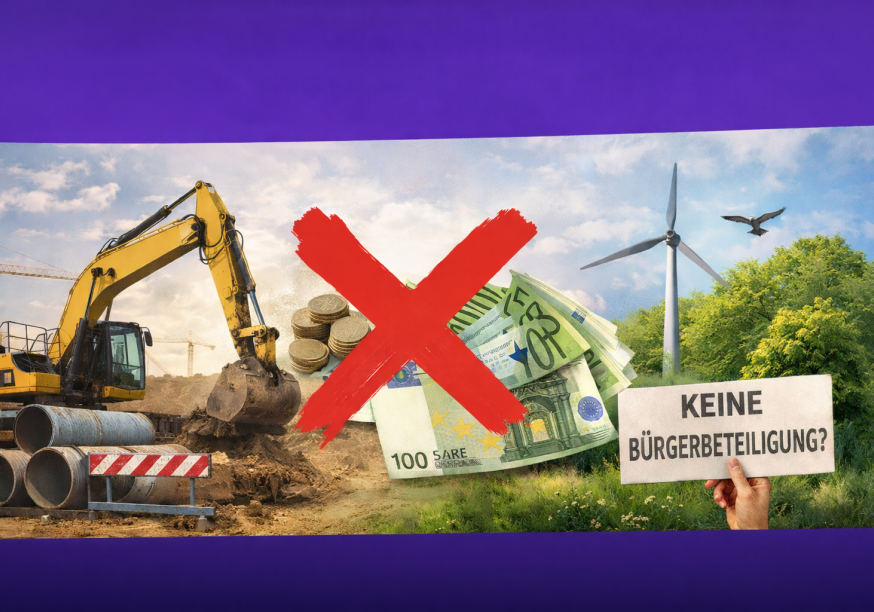 Symbolbild für die im Text genannten Argumente. Zeigt einen Bagger, durchgestrichenes Geld, Natur und ein Schild auf dem keine Bürgerbeteiligung steht.