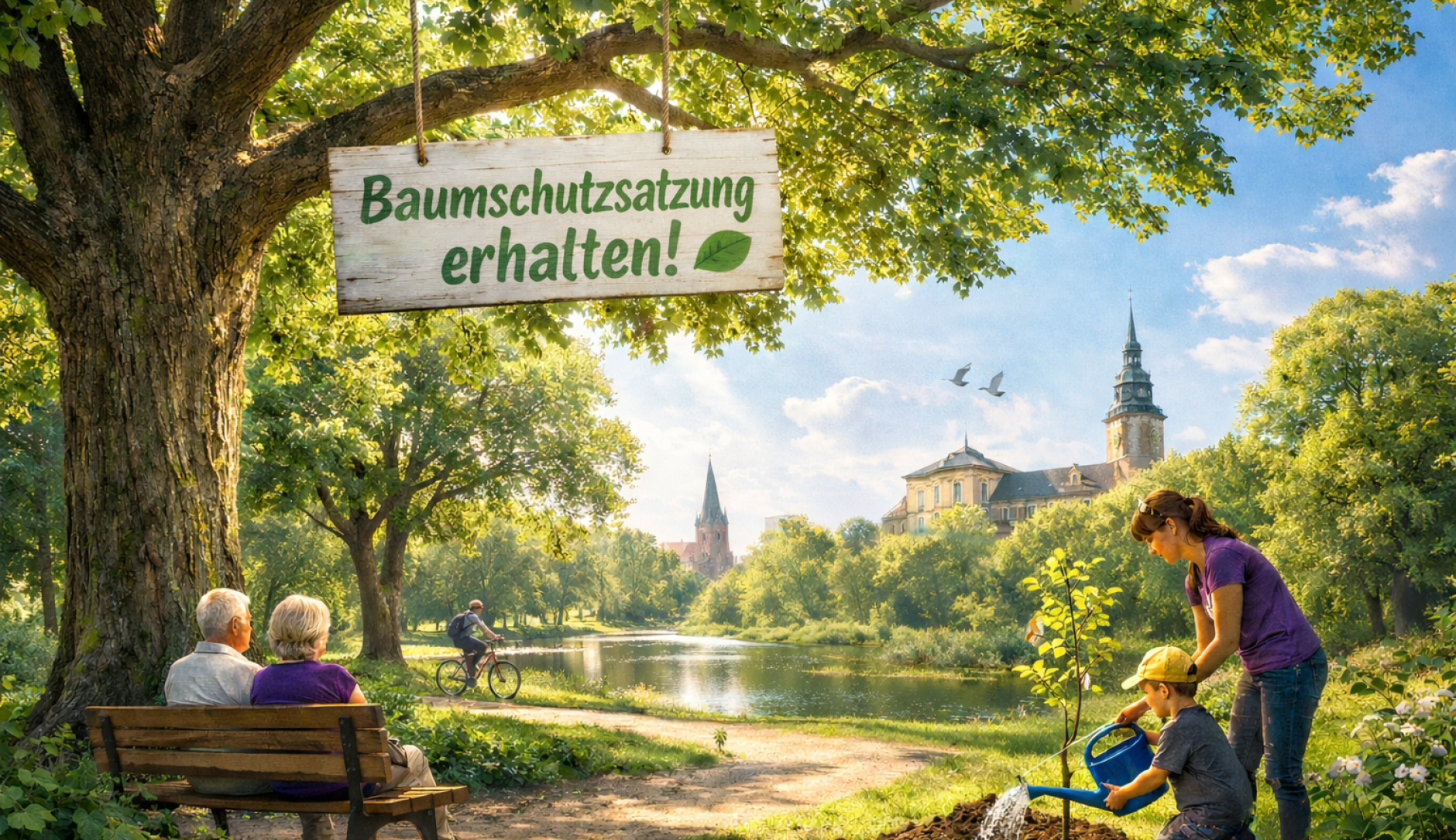 KI Bild, zeigt einen Park in Oldenburg, mit Personen, Mutter mit Kind pflanzt Baum, Schild hängt von Baum mit Schriftzug 