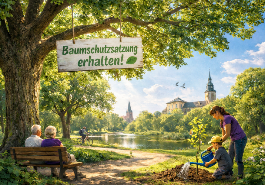 KI Bild, zeigt einen Park in Oldenburg, mit Personen, Mutter mit Kind pflanzt Baum, Schild hängt von Baum mit Schriftzug 