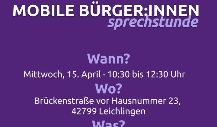 Mobile Bürgersprechstunde im Brückerfeld vor Nr. 23 am 15.4.2026 10:30 – 12:30