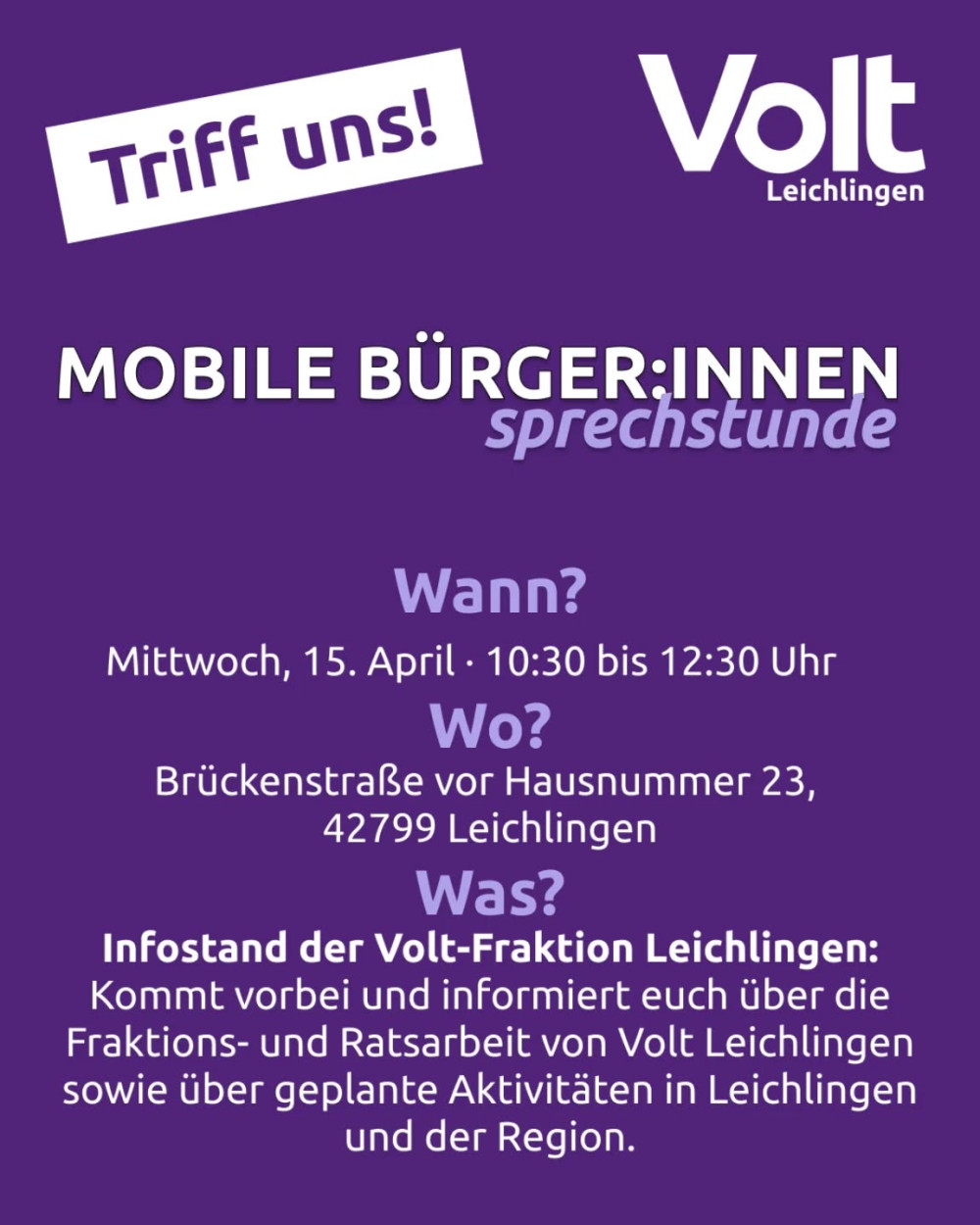 Mobile Bürgersprechstunde im Brückerfeld vor Nr. 23 am 15.4.2026 10:30 – 12:30