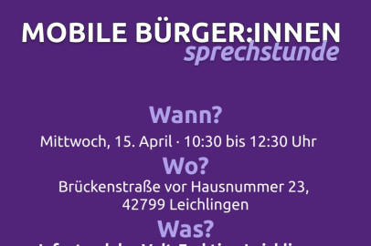 Mobile Bürgersprechstunde im Brückerfeld vor Nr. 23 am 15.4.2026 10:30 – 12:30