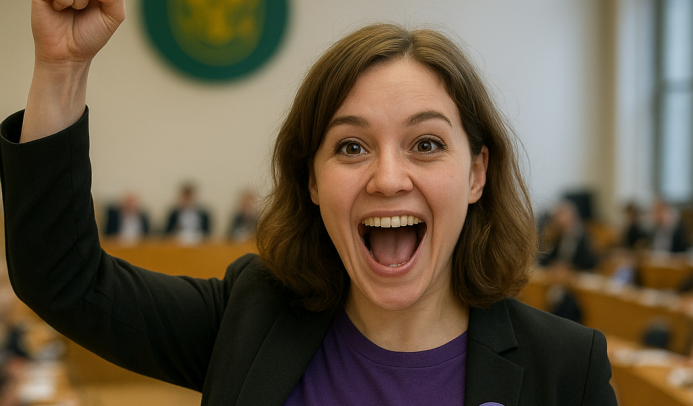 A fictive female volt employee cheering about a new job opportunity. AI Generated.