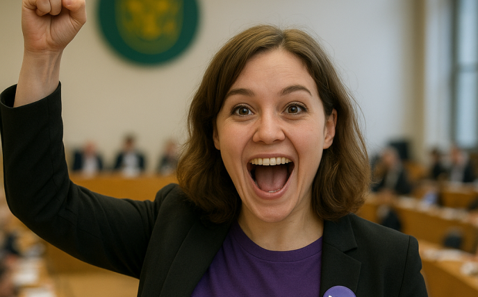 A fictive female volt employee cheering about a new job opportunity. AI Generated.