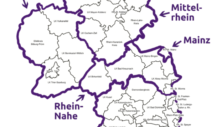 District-Karte Rheinland-Pflaz mit Mosel, Mittelrhein, Rhein-Nahe, Plalz und Mainz