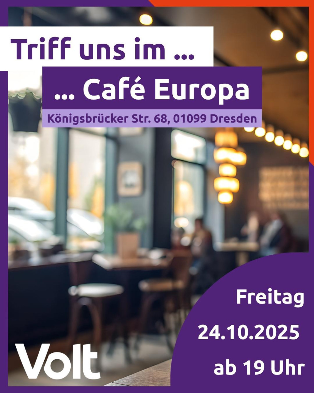 Sharepic Volt Stammtisch: Triff uns im Café Europa