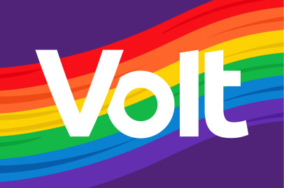 Volt Logo auf einem Regenbogen.