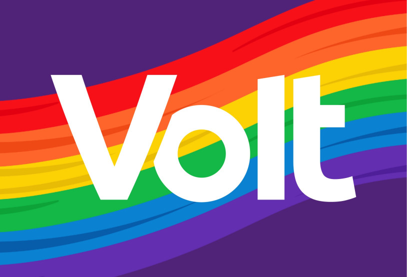 Volt Logo auf einem Regenbogen.
