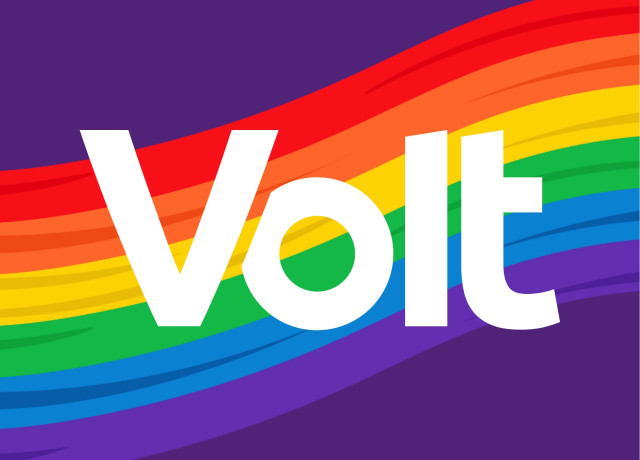 Volt Logo auf einem Regenbogen.