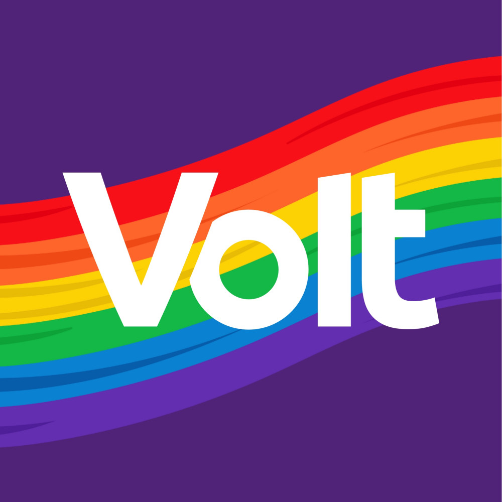 Volt Logo auf einem Regenbogen.