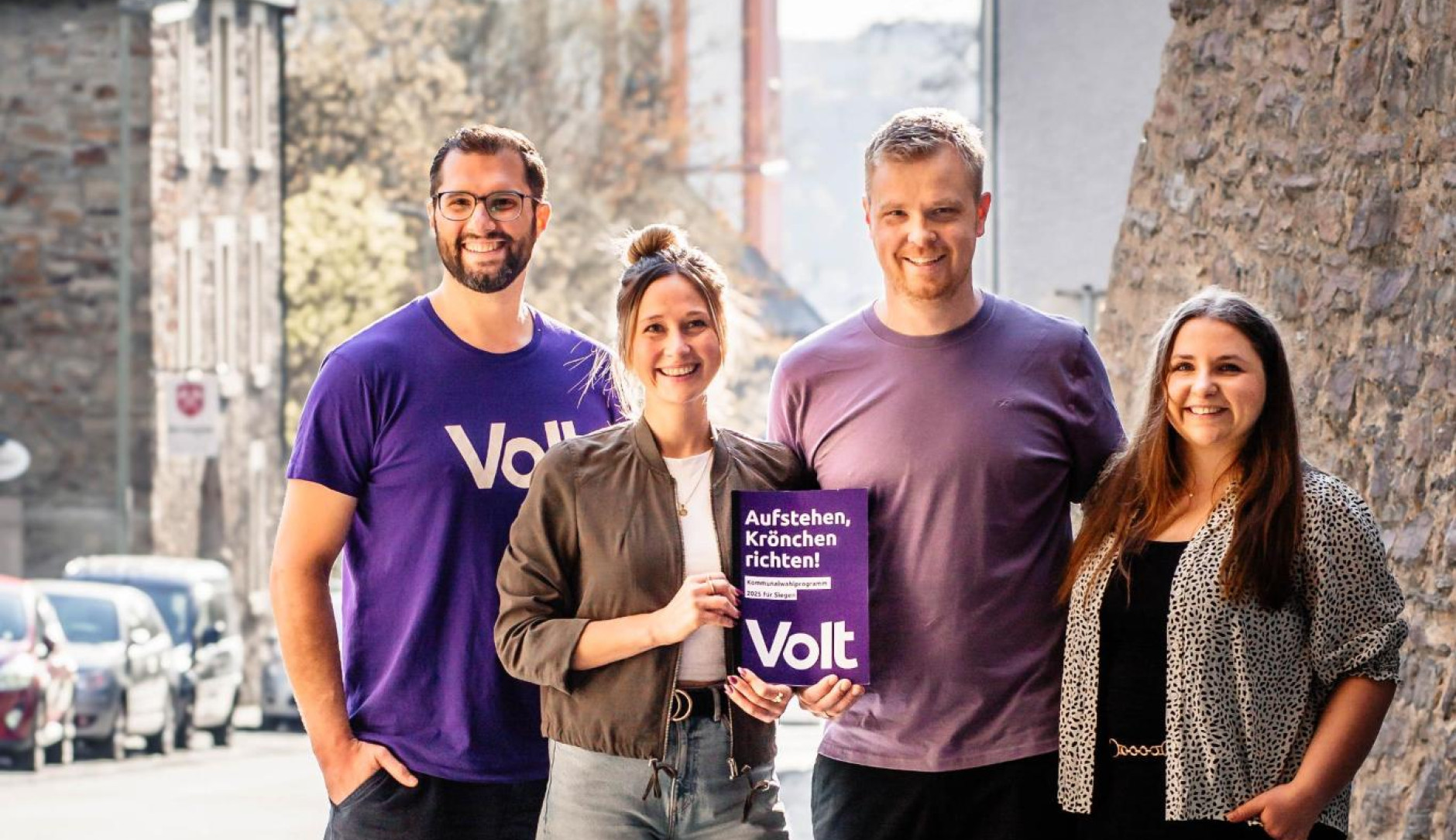 Volt-Spitzenkandidierende Timo Kamann, Nadine Henninger, Samuel Wittenburg, Louisa Deimel