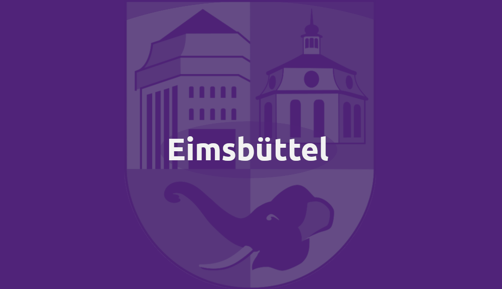 Im Hintergrund das Eimsbüttler Logo, mit Wasserturm, Kirche am Markt und Elefantenkopf, im Vordergrund der Schriftzug: Eimsbüttel