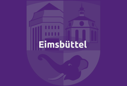 Im Hintergrund das Eimsbüttler Logo, mit Wasserturm, Kirche am Markt und Elefantenkopf, im Vordergrund der Schriftzug: Eimsbüttel