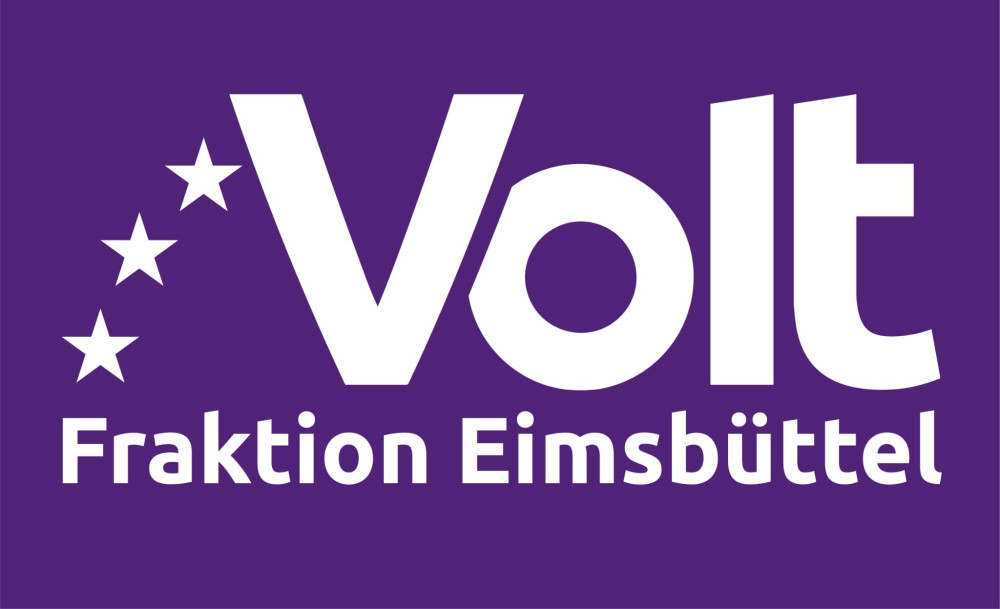 Drei europäische Sterne verbinden den Schriftzug von „Volt“ mit dem Schriftzug „Fraktion Eimsbüttel“