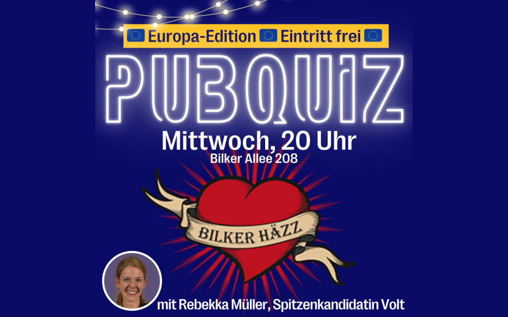 Logo: Pub Quiz Europa Edition. Mittwoch, 20 Uhr, im Bilker Häzz, Bilker Allee 208, mit Rebekka Müller, Spitzenkandidatin Volt. Eintritt Frei.