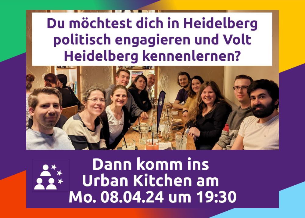 Junge Politikerinnen sitzen um einen Tisch im Restaurant. Text: Du möchtest dich in Heidelberg politisch engagieren und Volt Heidelberg kennenlernen? Dann komm ins Urabn Kitchen am Montag, den 08.04.2024 um 19:30 Uhr