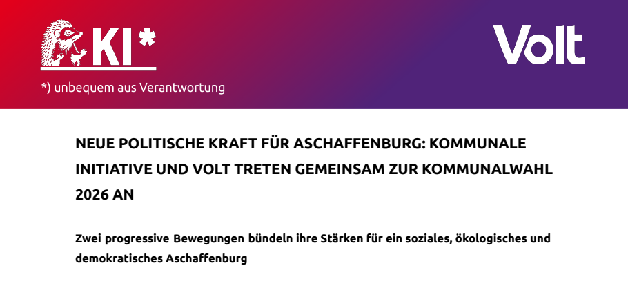 Ausschnitt aus dem Artikel über den Zusammenschluss von Volt Aschaffenburg und KI anlässlich der Kommunalwahlen 2026.