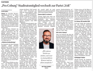 Zeitungsausschnitt über den Wechsel von Stadtrat Matthias Schmidt zur Partei Volt.